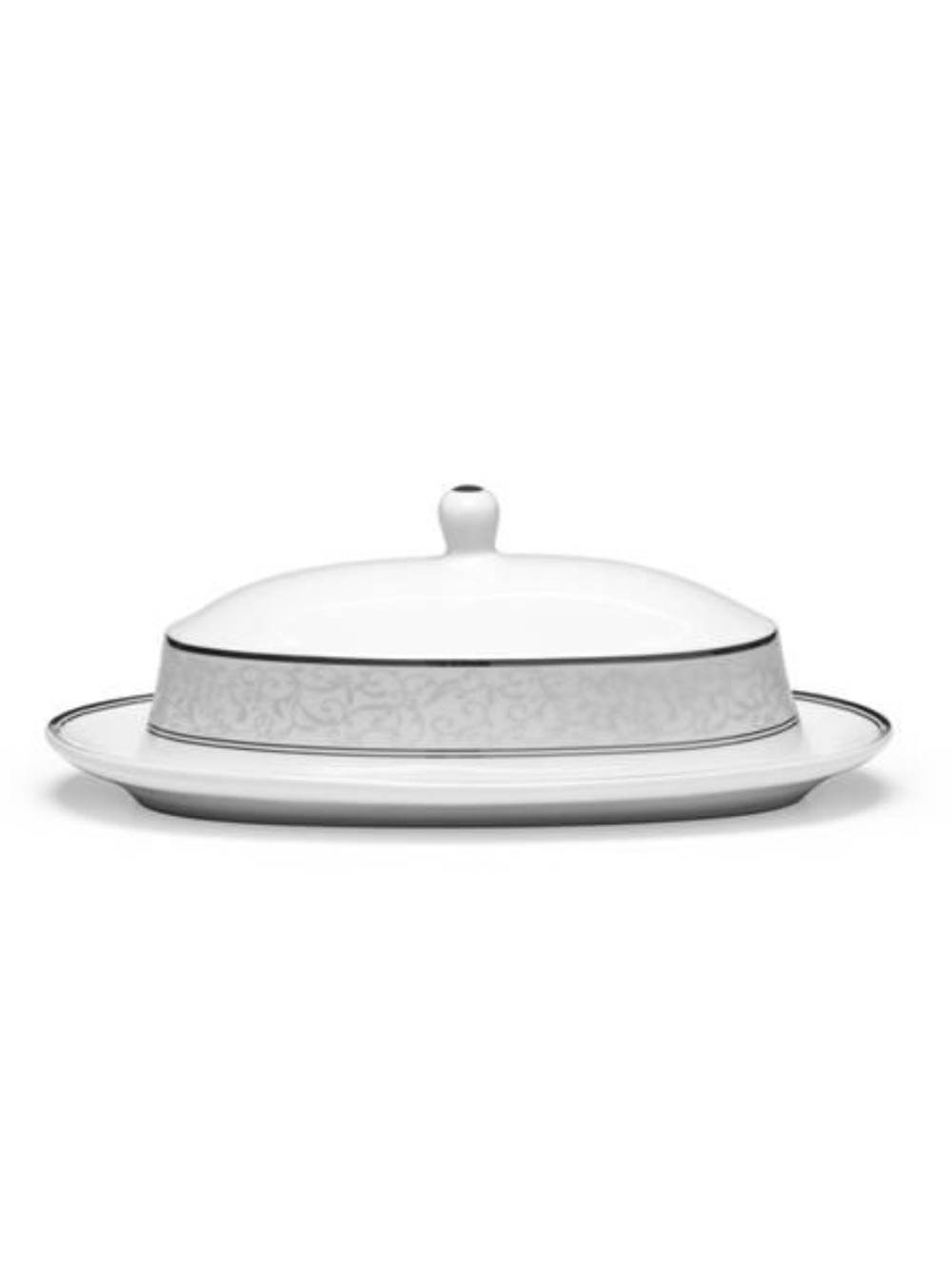 Mikasa Parchment White Porcelain Butter Dish with Silver Band